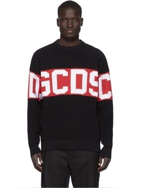 GCDS Black Mock Neck Wrap Around Logo Knit Sweater